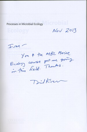 Title page of the book "Processes in Microbal Ecology". The author, David L. Kirchman, has written a note to Ecosystems Center scientist Ivan Valiela