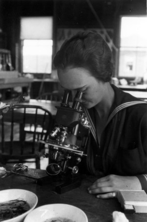 Nancy Wilson looking through microscope